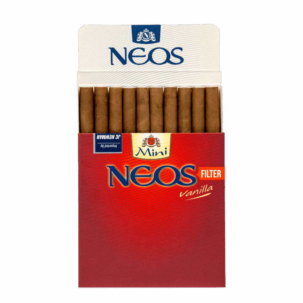 Neos Red Vanilla Cigarillos Half Open Cigarillos packet with 10 cigarillos visible