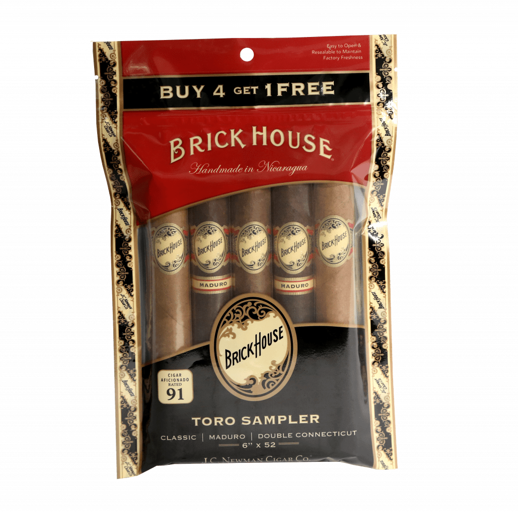Brick House 5 pack toro sampler in humidibag feature two double connecticut, two maduro and one traditional brick house cigar by j.c. newman cigar co.