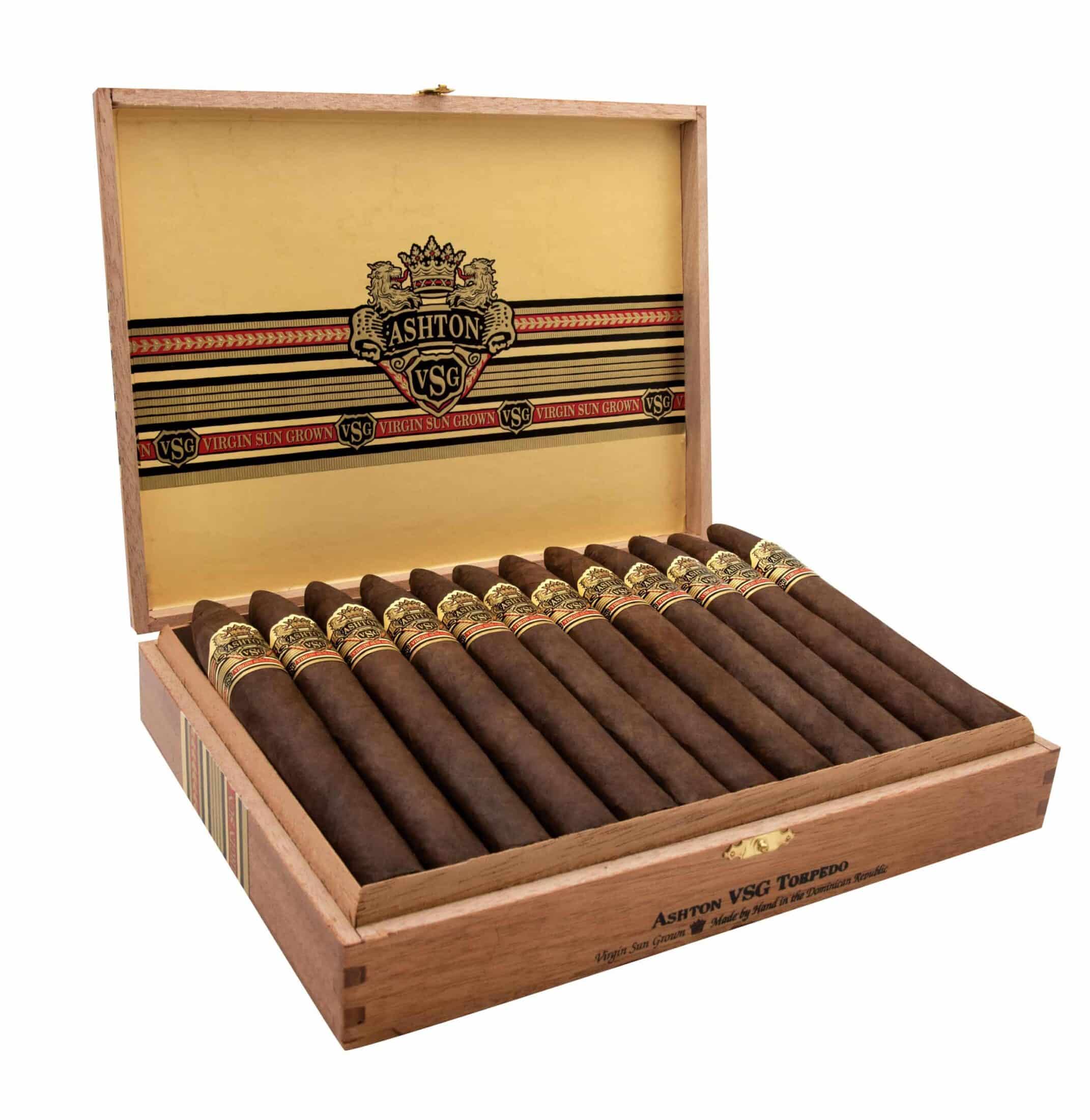 Open box of 12 count Ashton VSG Torpedo cigars with sungrown wrapper