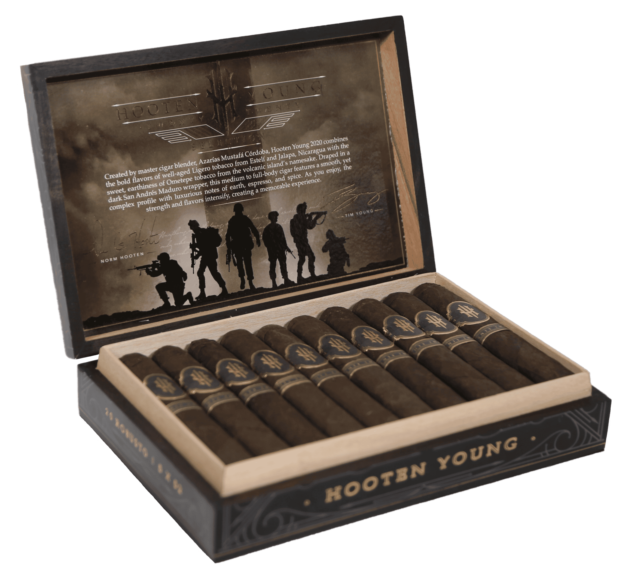Open box of 20 count Hooten Young Robusto cigars