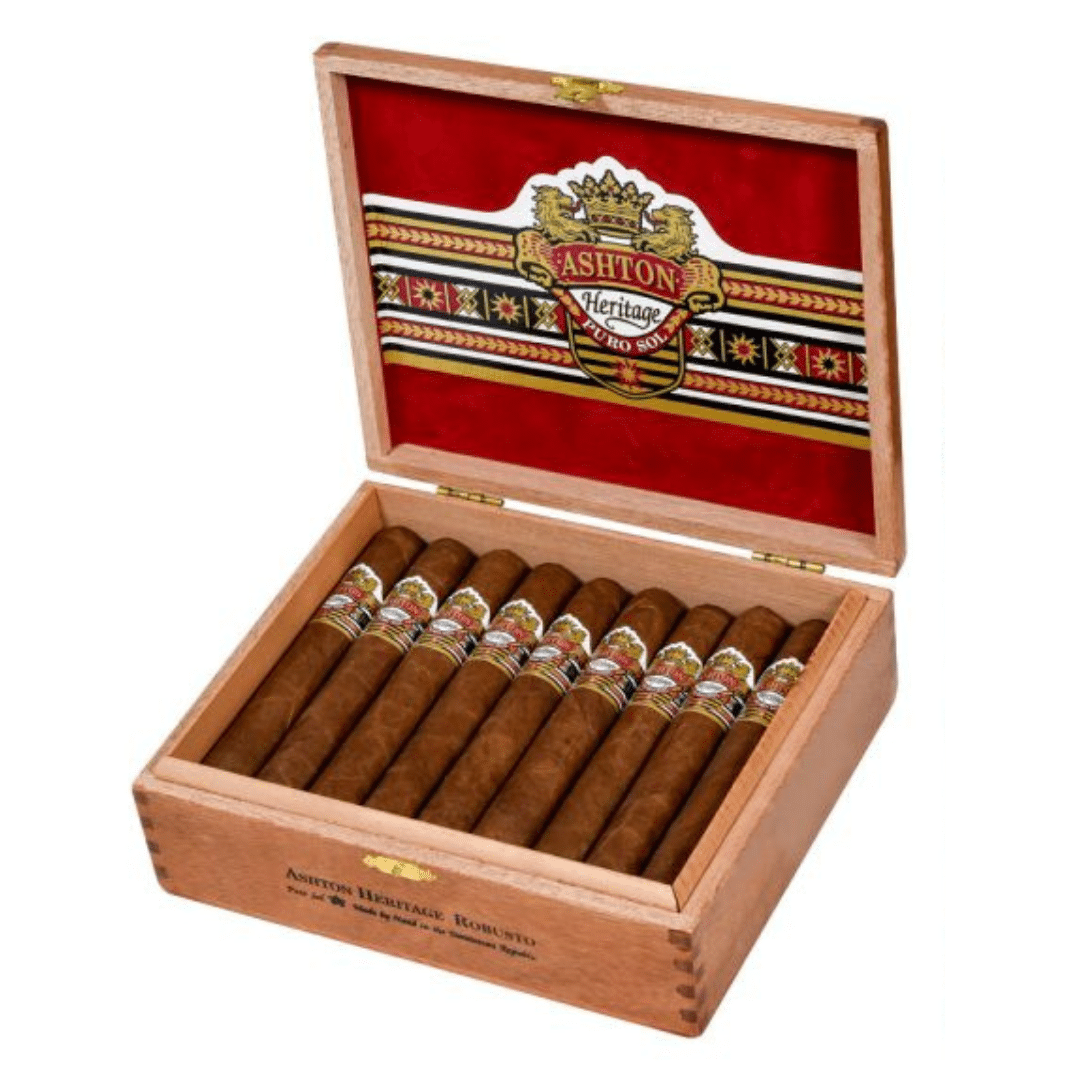 Ashton Heritage Puro Sol Robusto Open Box of 20 cigars with Ecuador Habano wrapper over sun-grown Dominican binder and filler
