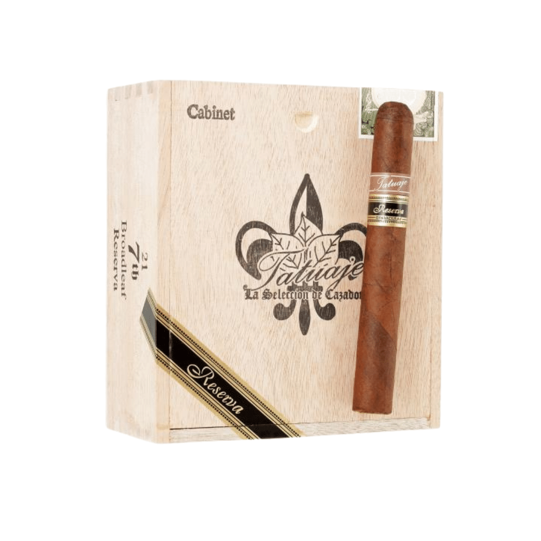 Tatuaje Nicaragua 7th Reserva Broadleaf wrapper cigar on cabinet closed cigar box with one cigar on the lid