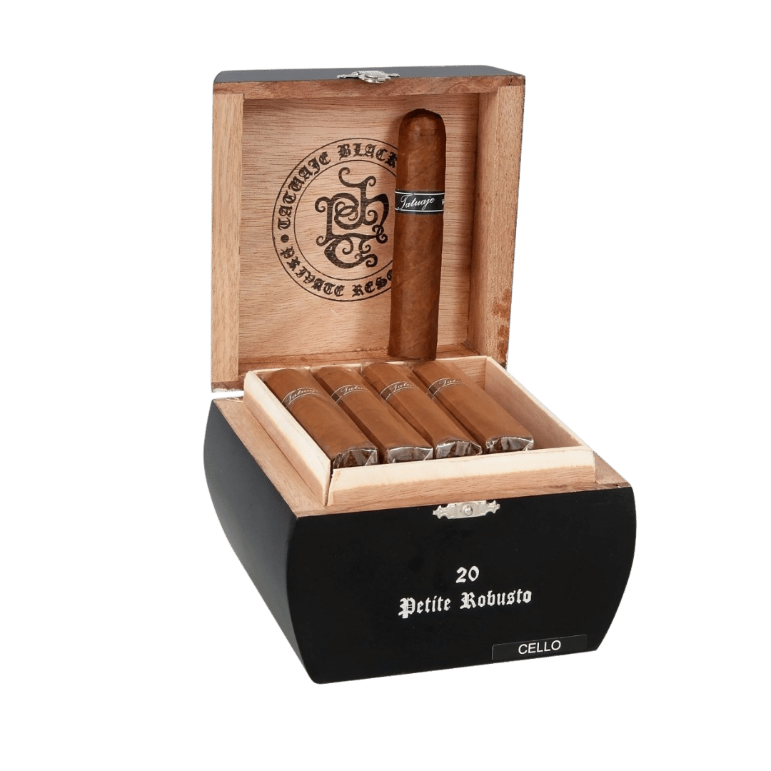 Tatuaje Black Label Petite Robusto Open Box with one single nicaraguan puro wrapped cigar in the lid
