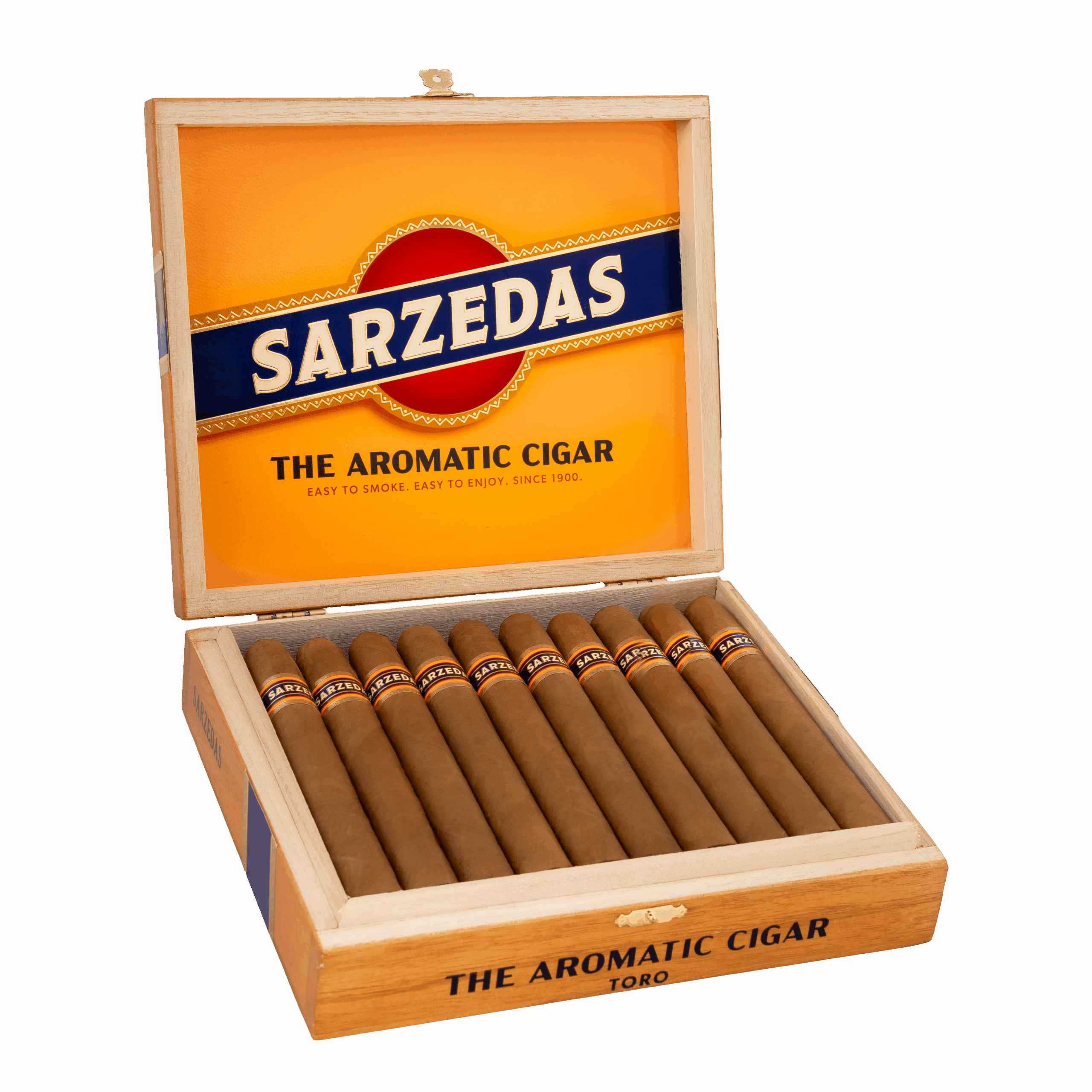 Sarzedas Toro Cigars open cigar box on transparent background easy to smoke easy to enjoy label