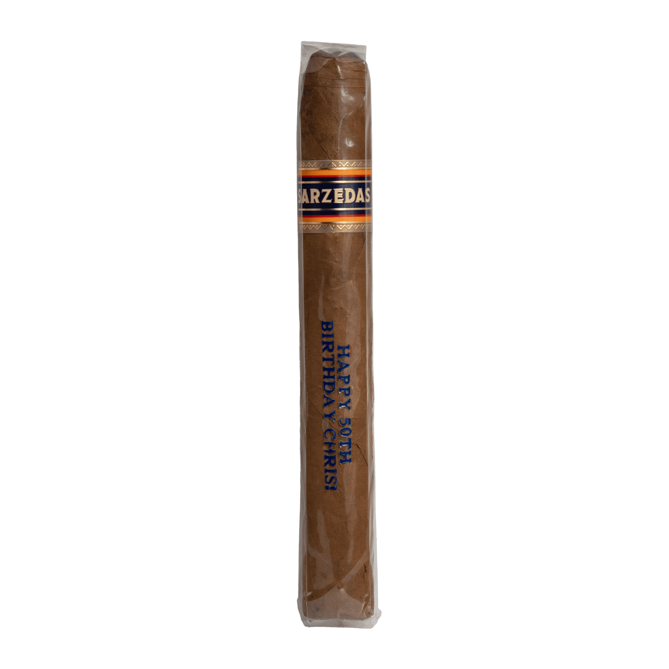 Personalized Custom Cigar featuring a Sarzedas Toro cigar with imprinted cigar cellophane