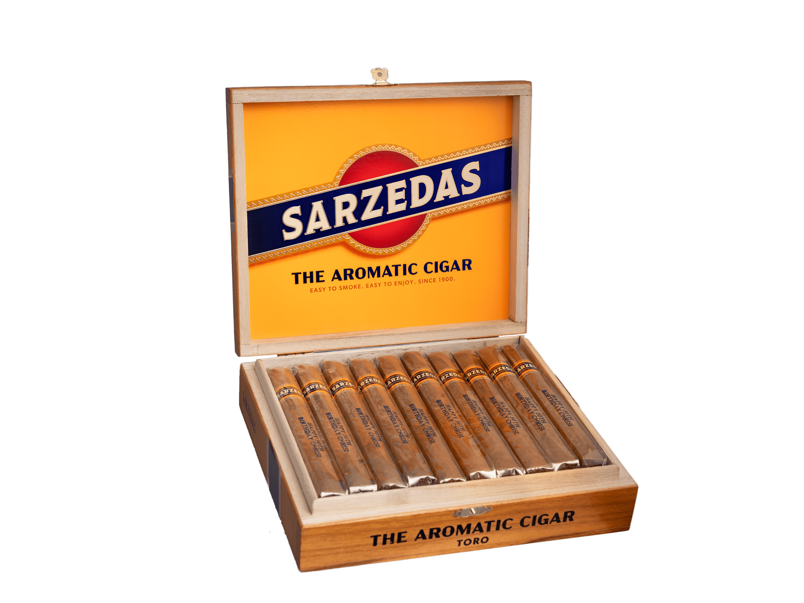 Personalized Custom Cigars. Open box featuring a Sarzedas Toro cigars and personalized cigar cellophane