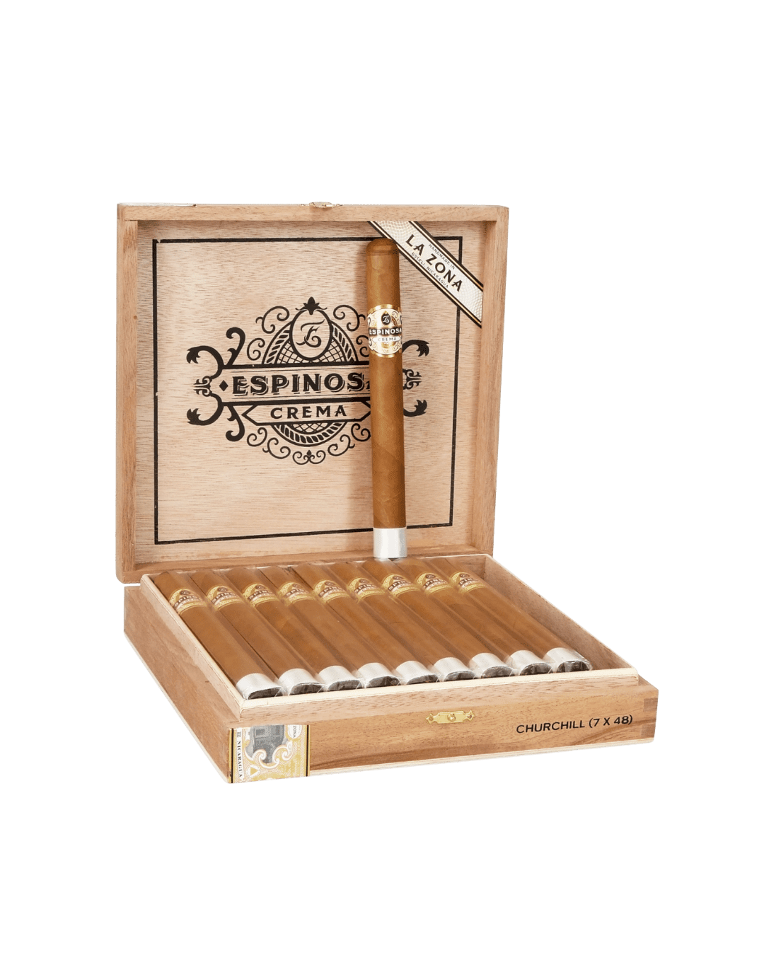 Espinosa Crema Churchill No. 1 open cigar box la zona with one cigar upwrapped and upright in the cigar lid.