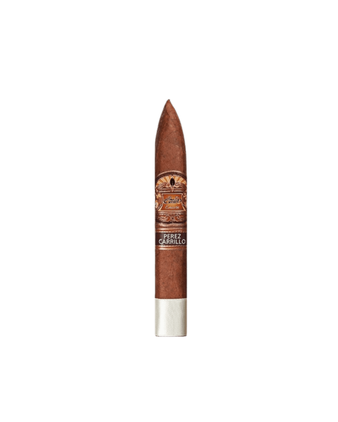 E.P. Carrillo Encore Valientes Cigar. Single Perez with a silver foot band and a torpedo shape.