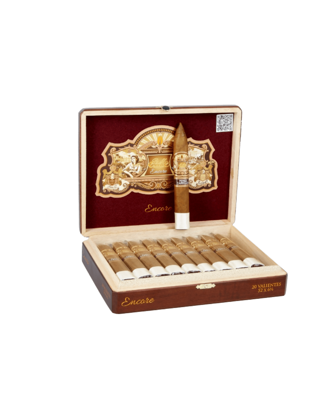 E.P. Carrillo Encore Valientes open cigar box with one torpedo cigar unwrapped and upright in the cigar box lid
