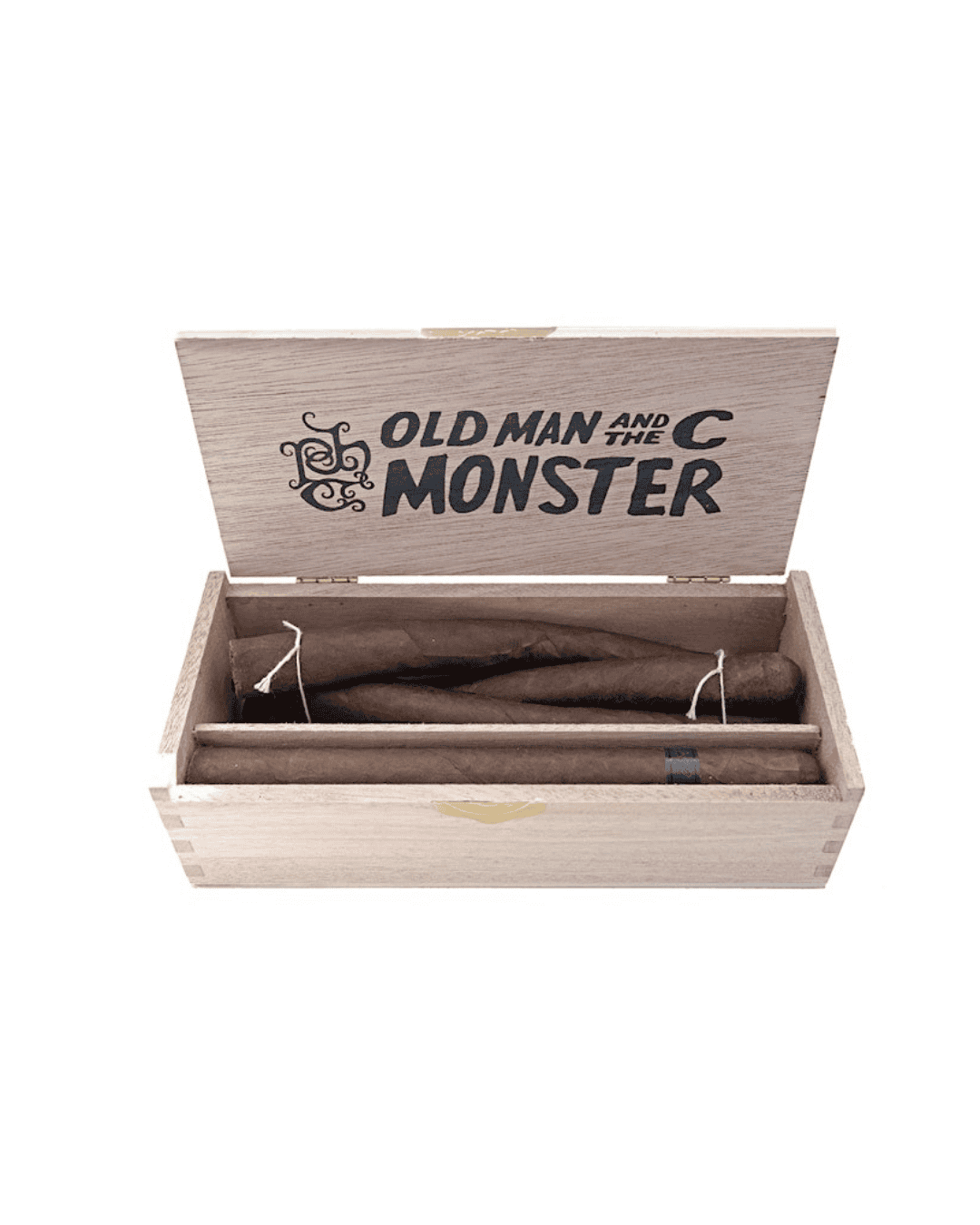 open "coffin" cigar box of the Tatuaje Old Man and the C Monster including a single cigar and the culebra cigar