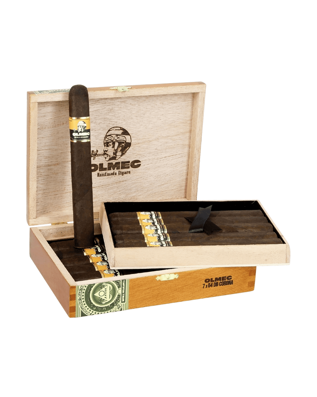 open box of Olmec Maduro Double Corona cigars, with first level of cigars lifted up and placed to reveal bottom level of cigars, and single olmec cigar against lid