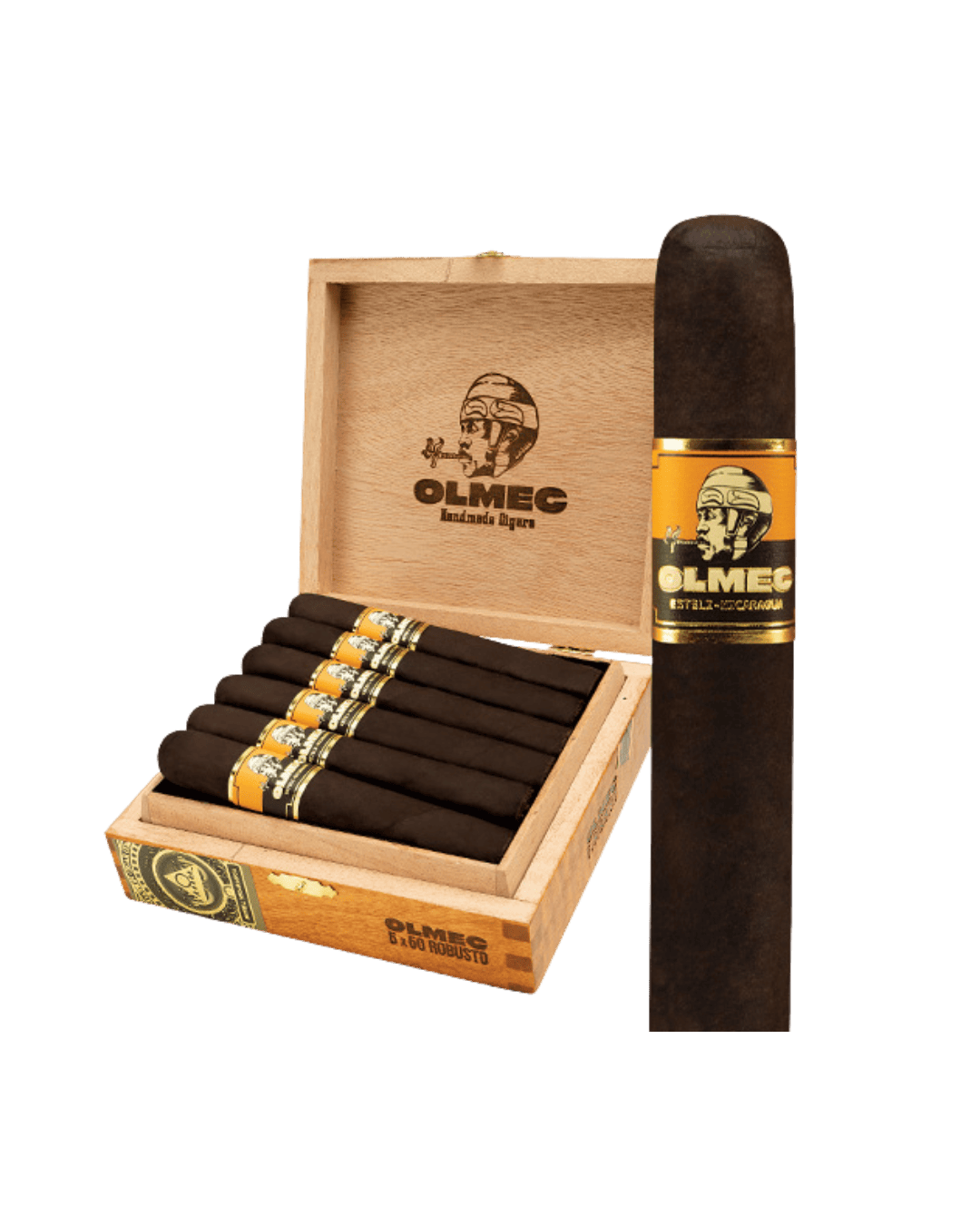 Open box of olmec maduro robusto cigars and one close up olmec robusto maduro single cigar