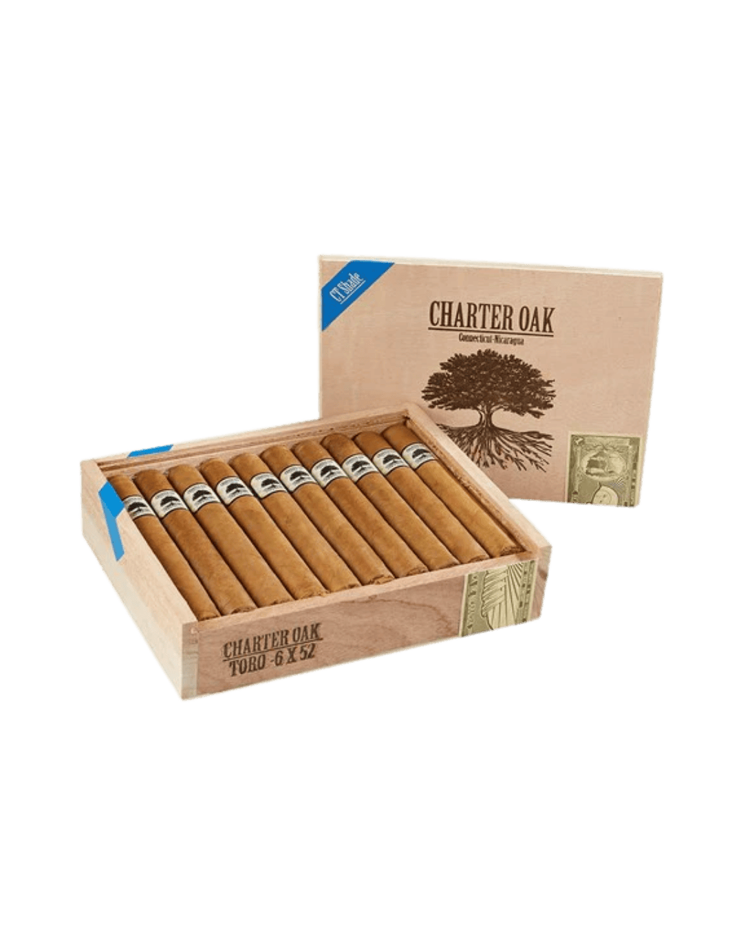 Open box of Charter Oak Connecticut Shade Toro Cigars