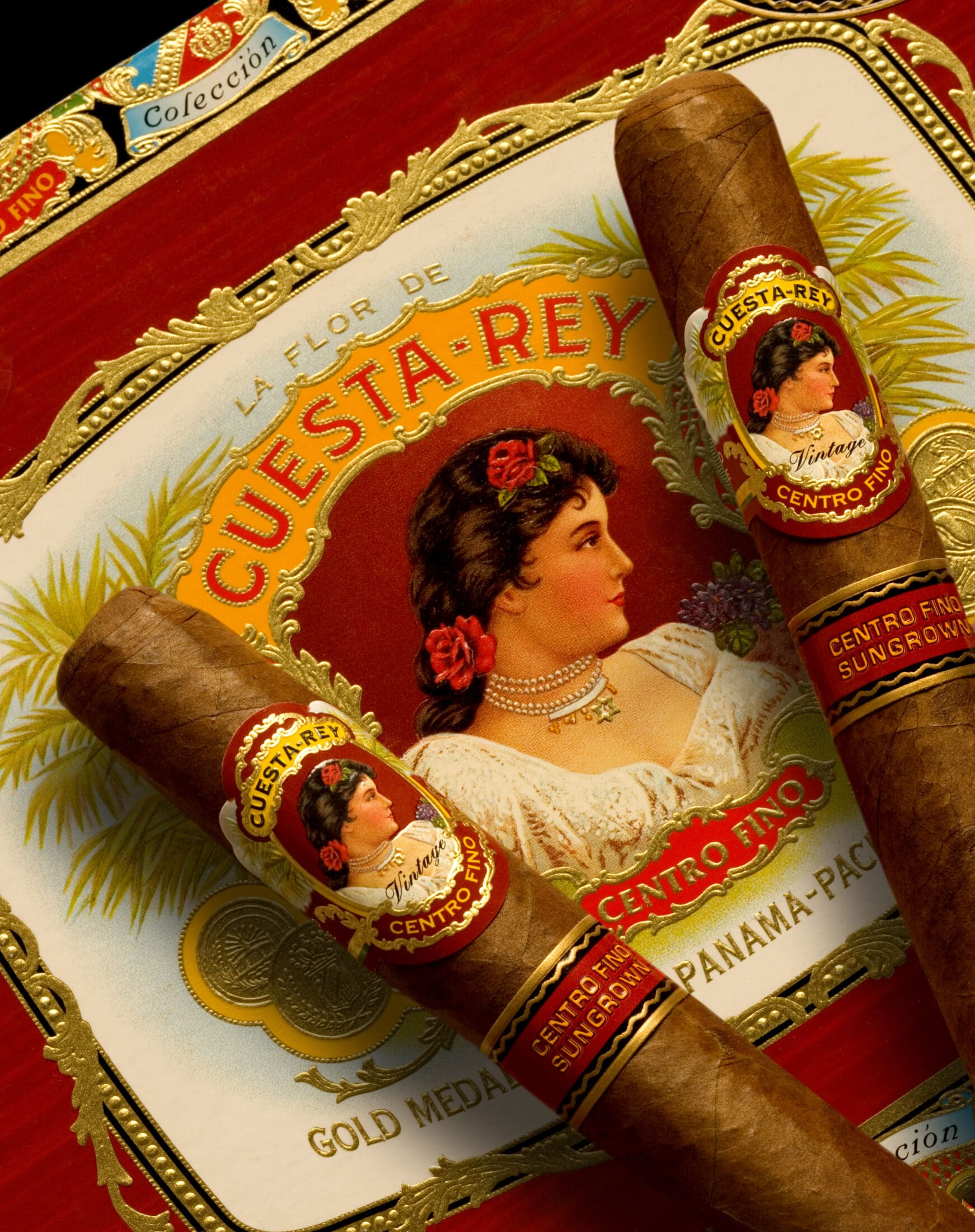 Two Cuesta-Rey Centro Fino Single Cigars on Closed Cigar Box Lid Beauty Shot