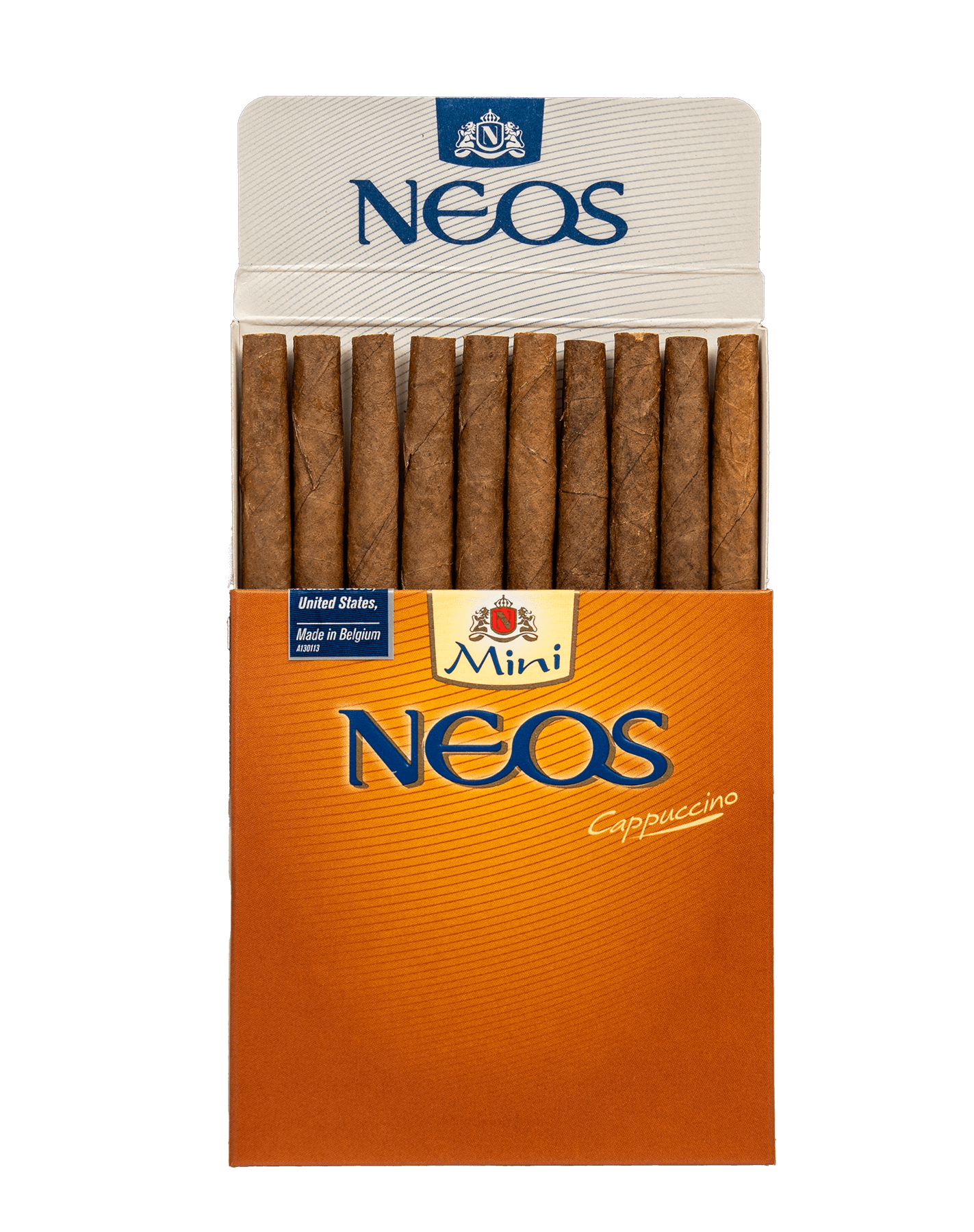 Neos Cappuccino Cigarillos half open cigar packet with 10 cigarillos visible