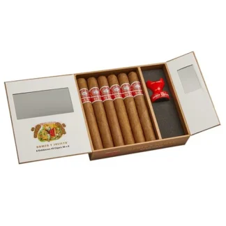 Romeo Y Julieta 1875 Cigar Box Set. Open box displaying 6 cigars and a section with the red cigar rest.
