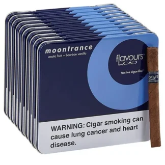 CAO Flavours Moontrance Cigarillos. 10 tins of 10 cigarillos lined up, with one cigarillo visible.