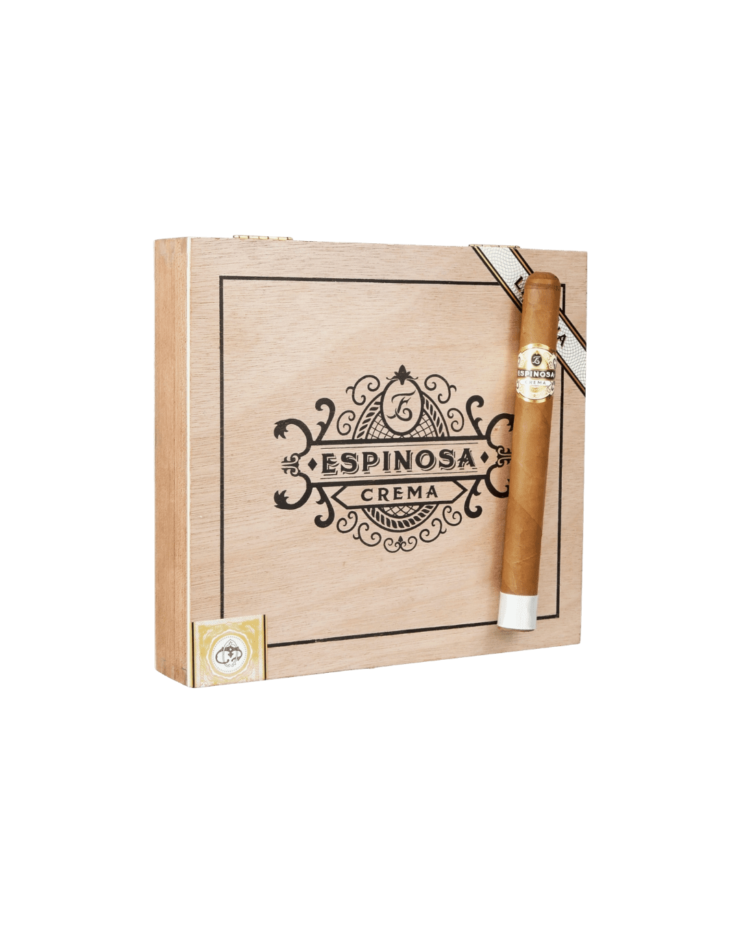 Espinosa Crema Churchill No. 1 closed cigar box with one single cigar on the cigar box lid