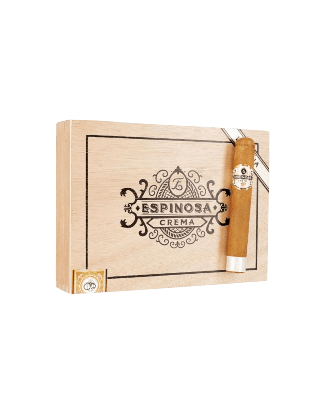 Espinosa Crema Toro Grande No. 5 closed cigar box with one smooth cigar on the lid