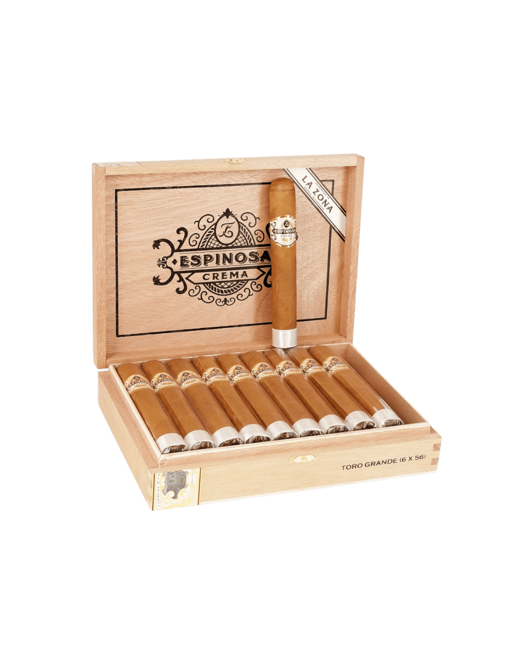 Espinosa Crema Toro Grande No. 5 open cigar box with one unwrapped cigar in the lid