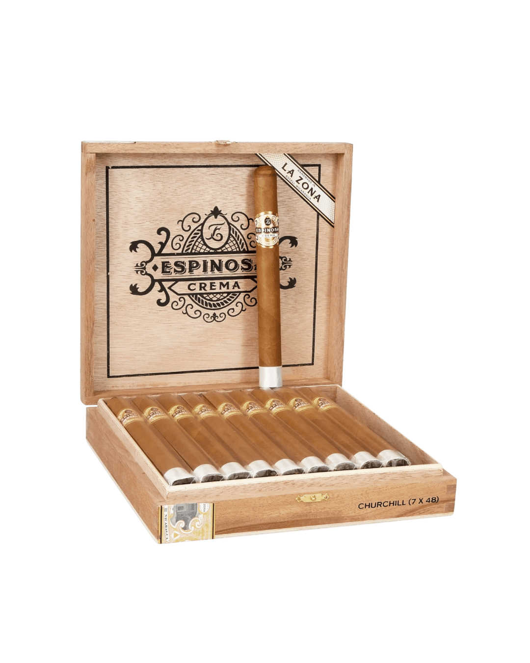 Espinosa Crema Churchill No. 1 open cigar box la zona with one cigar upwrapped and upright in the cigar lid.